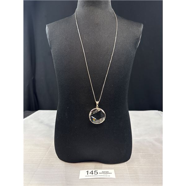 Vintage 925 Sterling Silver 1 7/8 X 1 3/8" Glass Facetted Pendant On 24" Vintage 925 Sterling Silver