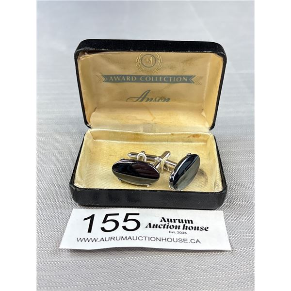 Vintage Award Collection Signed Anson Black Alaskan Diamond Cuff Links In Original Box - 1" X 1/2"