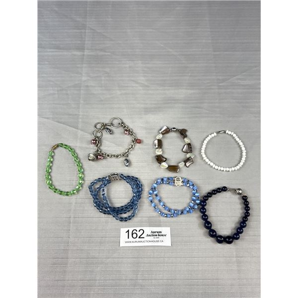 Lot Of 7 Beaded Shell, Glass, AB Crystal Bracelets - One Clasp Markd 18K GP