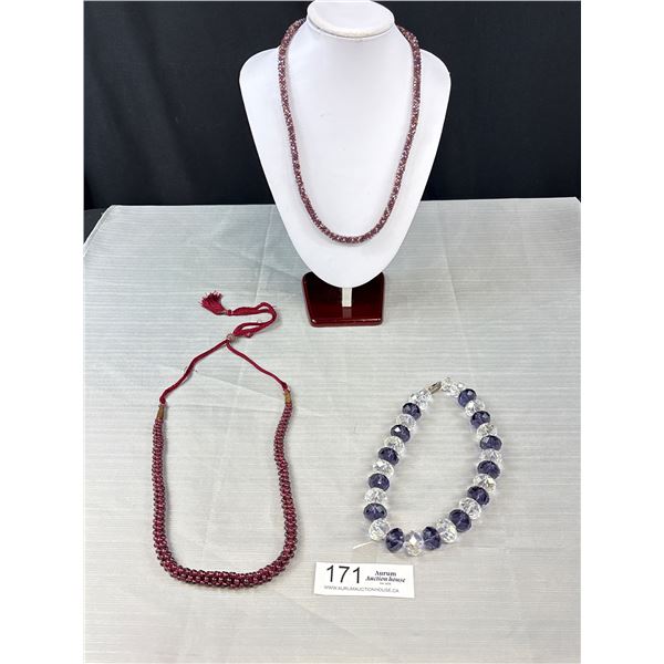 3 Vintage Beaded Necklaces, 1 Made In Nepal, 1 Large Facetted Crystal Beads With Vintage Clasp
