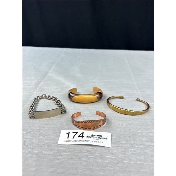 Lot Of 4 Bracelets Cuffs - Copper, Brass, Wood, & ID