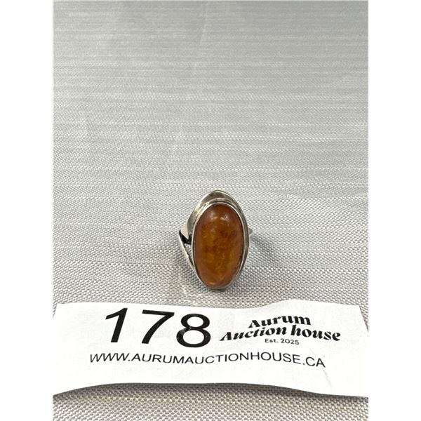 Vintage 925 Sterling Silver Amber Ring - Size 6.5 - 6.4 Grams - Marked & Tested