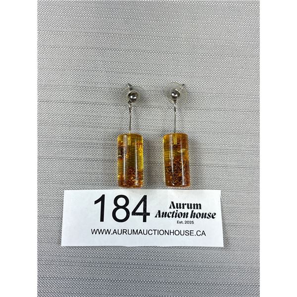 Large Pair Vintage Honey Amber Stud Earrings 1.5" Hang