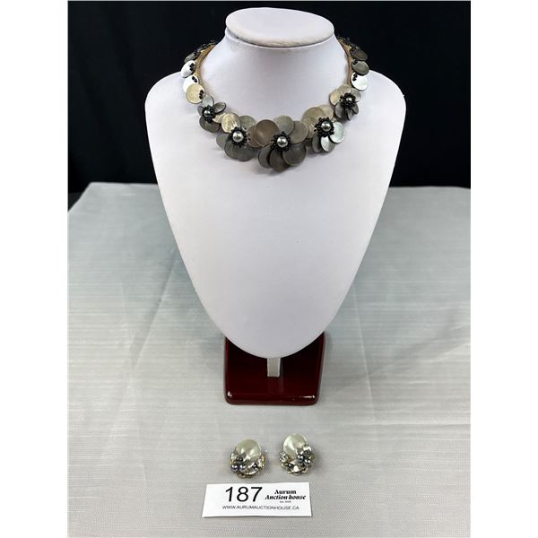 Vintage Floral Shell 15" Necklace & Matching Clip On Earrings