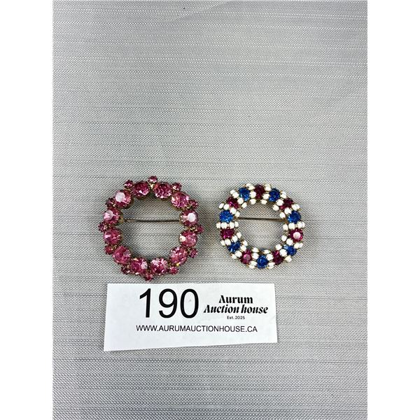 2 Vintage Prong Set Circle Brooches - 1.75" & 1.5" Across