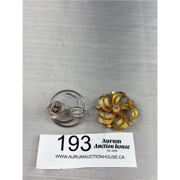 2 Vintage Signed Flower Brooches - Signed Continental & Sarah Cov