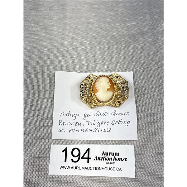 Vintage Genuine Shell Cameo Brooch - Filigree Setting With Marcasites