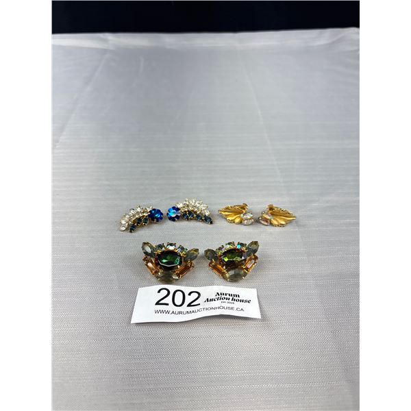 3 Pairs Of Vintage Arora Borealis Rhinestone Clip On Earrings
