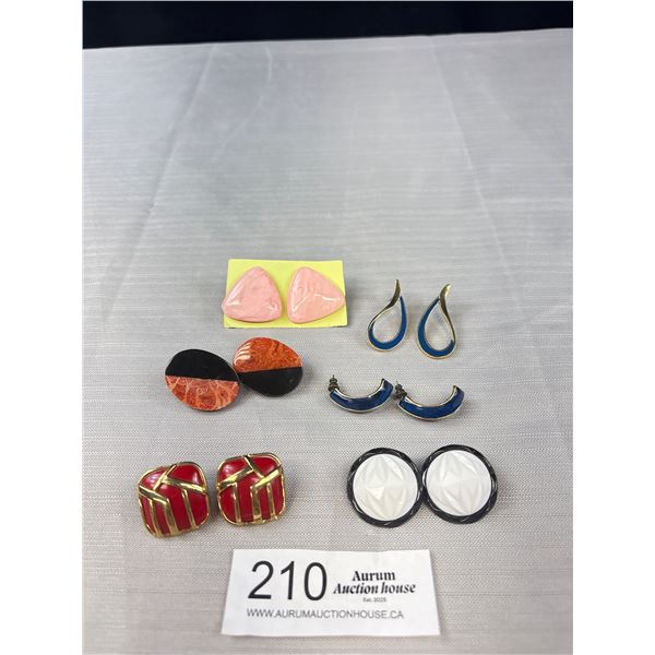 6 Pairs Of Quality Vintage Pierced Earrings - Enamelled, Lucite & Button