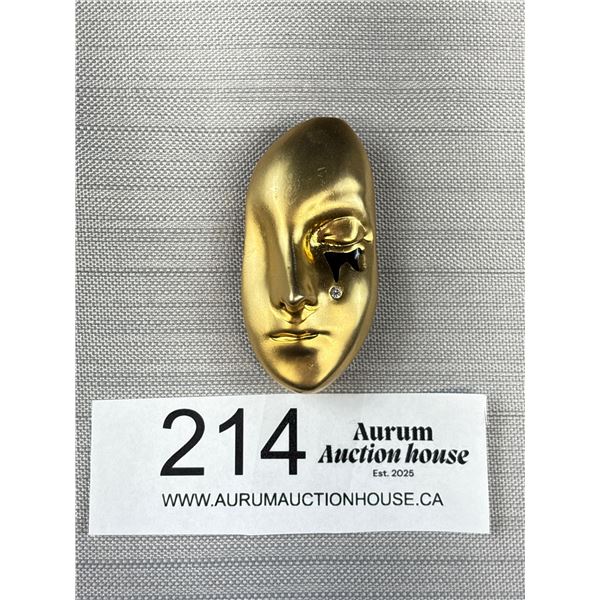 Brushed Gold Tone Crying Mask Brooch/Pin - 2" Tall 1" Wide