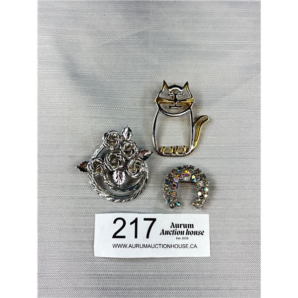 3 Vintage Brooches - Cat Brooch Can Also Be Worn As A Pendant