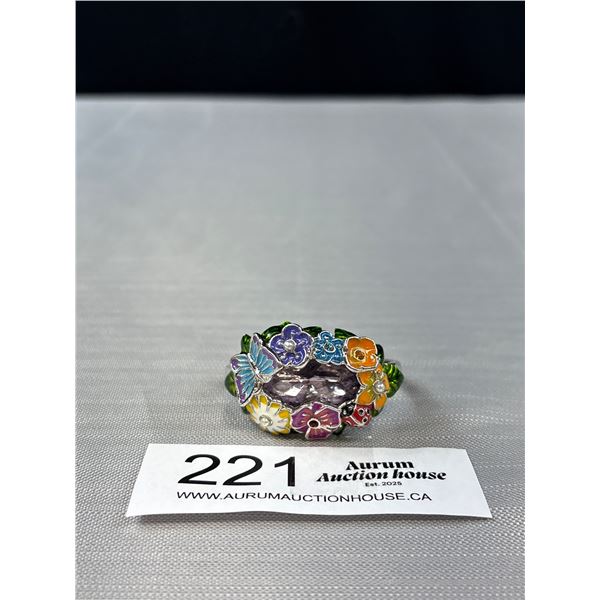 Enamel Flower & Large Purple Rhinestone Double Finger Ring - Size 9 & 10.5