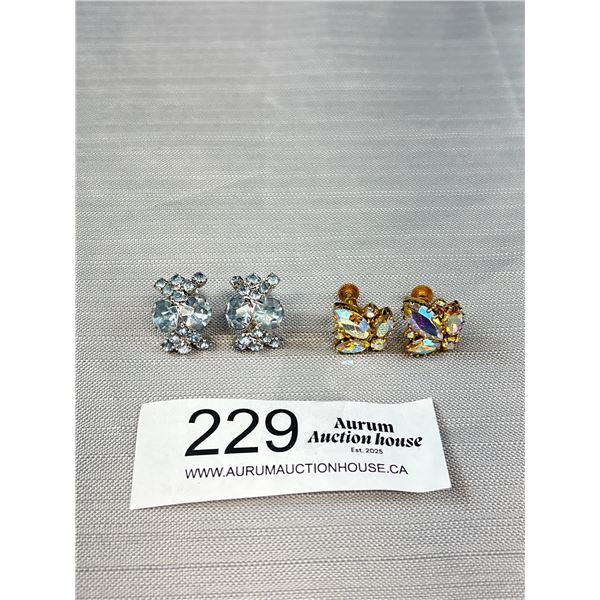 2 Pairs Vintage Prong Set Arora Borealis Rhinestone Screwback Earrings