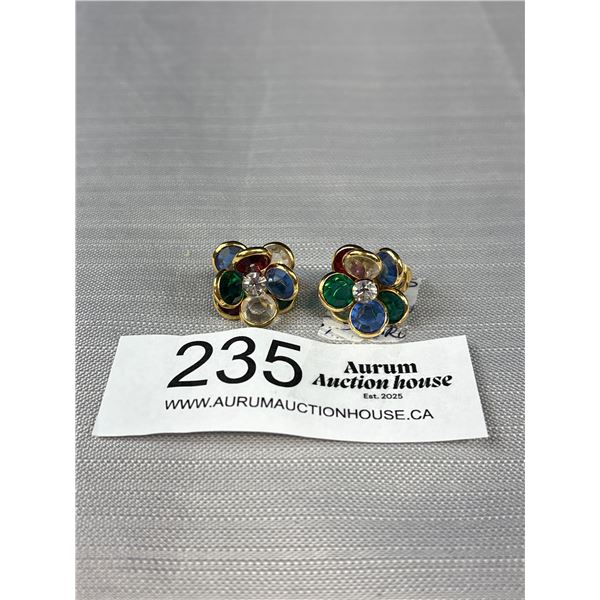 Vintage 80's Gold Bezel Set Crystal Flower Clip On Earrings Possibly Swarovski