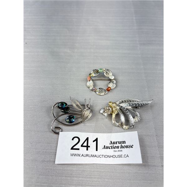 3 Vintage Silver Tone Brooches - Real Gemstones, Abalone & Rhinestones