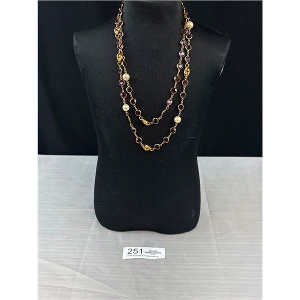 42" Bezel Set Amethyst & Faux Pearl Gold Tone Necklace