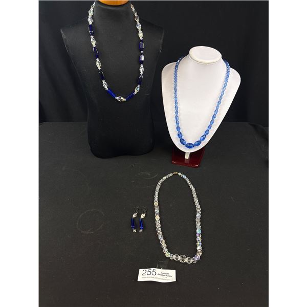 3 Vintage Arora Borealis Crystal & Glass Beaded Necklaces -  Two Have Graduated Beads - Blue One Has