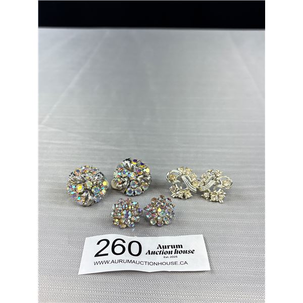 3 Pairs Vintage Prong Set Arora Borealis & Rhinestone Clip On And Screwback Earrings