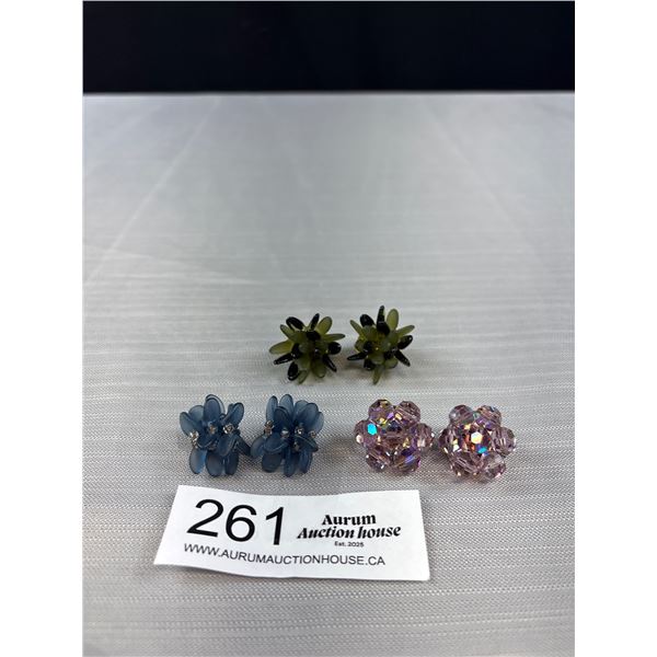 3 Pairs Vintage Prong Set Beaded Arora Borealis & Lucite Flower Clip On Earrings - One Pair Signed G