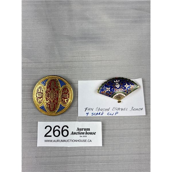 Brass Enameled Cloisonne Fan Shape Brooch & Round Scarf Clip