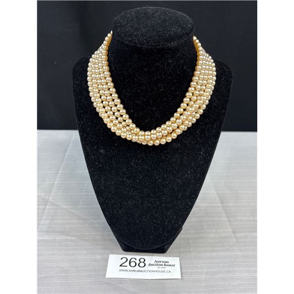 5 Strand Vintage Faux Pearl Glass Necklace With A Vintage 925 Sterling Silver Clasp - Marked & Teste