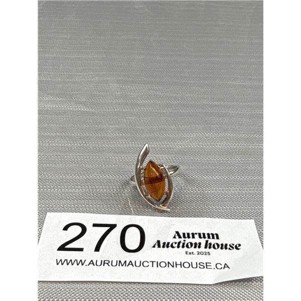 Vintage 925 Sterling Silver Amber Ring - Size 5.5 - Marked & Tested