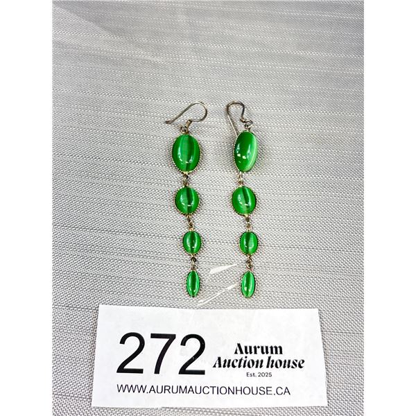 Vintage 925 Sterling Silver 3" Bezel Set Cat Eye Dangle Earrings - Marked & Tested