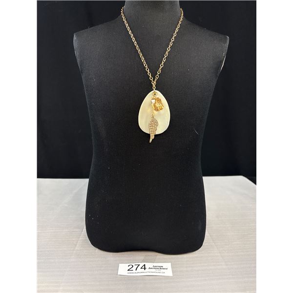 Signed Barse Mother Of Pearl Crystal & Rhinestone  Pendant Necklace - 16" Chain - 2.25" Pendant