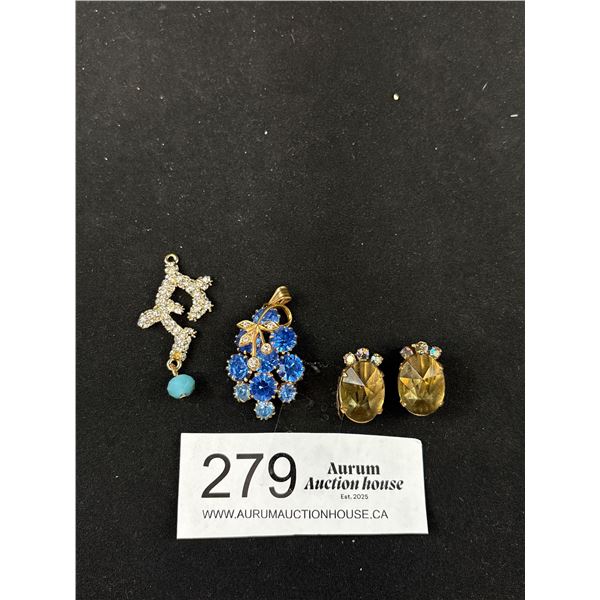 2 Vintage Rhinestone Pendants & 1 Pair Of Open Back Arora Borealis Crystal Clip On Earrings