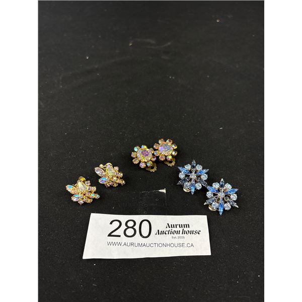 3 Vintage Prong Set Arora Borealis Rhinestone Clip On And Screwback Earrings - One Signed Austria -