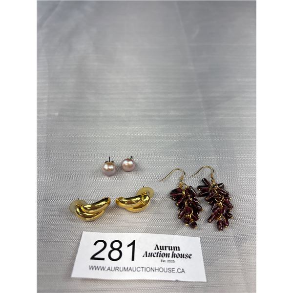 3 Pairs Of Quality Vintage Pierced Earrings 1 Signed Carol Lee, Dangle Garnets & Real Pearls