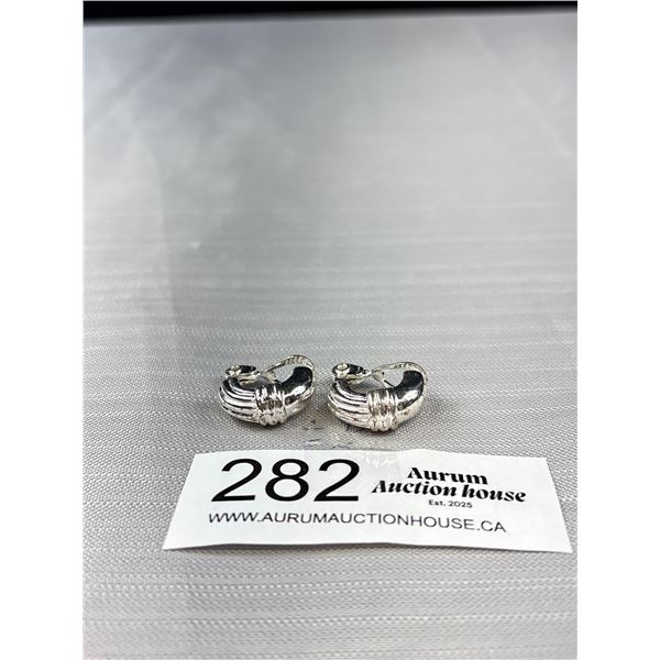 Vintage Signed Monet Silver Tone Hoop Textured Clip On Earrings