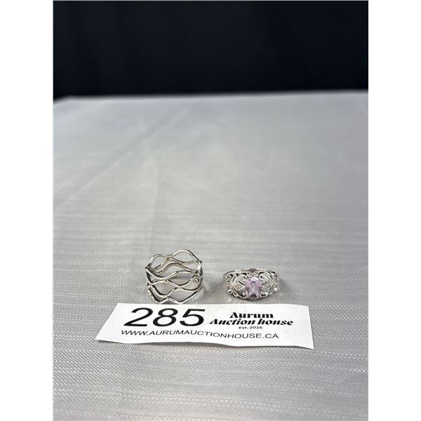 Two 925 Sterling Silver Amethyst & Wave Ring - Both Size 9 - Marked & Tested