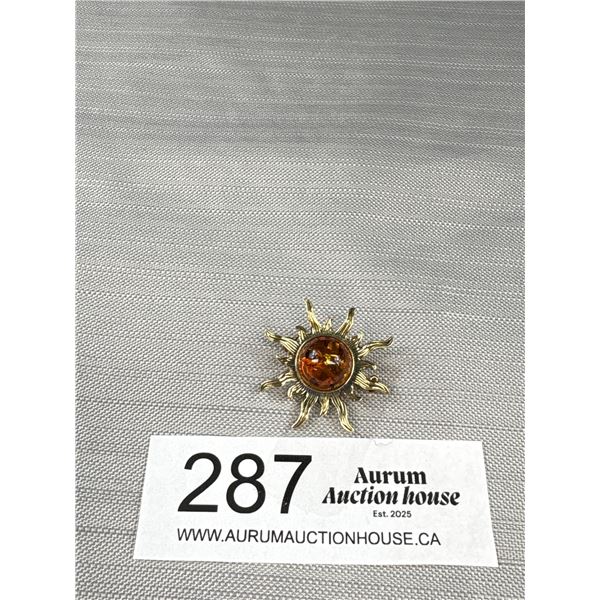 Gold Over 925 Sterling Silver Vintage Amber Sun Brooch - Signed By Maker - 1.25" - 3.9 Grams - Marke