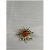 Image 3 : Gold Over 925 Sterling Silver Vintage Amber Sun Brooch - Signed By Maker - 1.25" - 3.9 Grams - Marke
