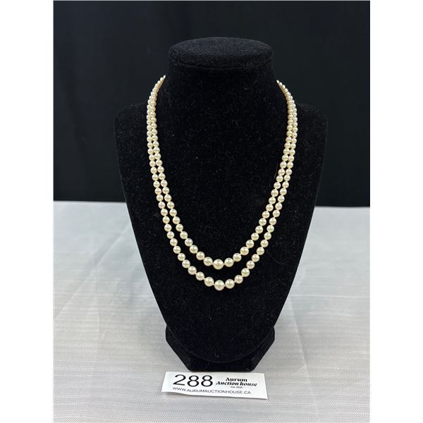 Double Strand Faux Pearl Knotted Graduated Necklace - Vintage 925 Sterling Silver Filigree Clasp - M