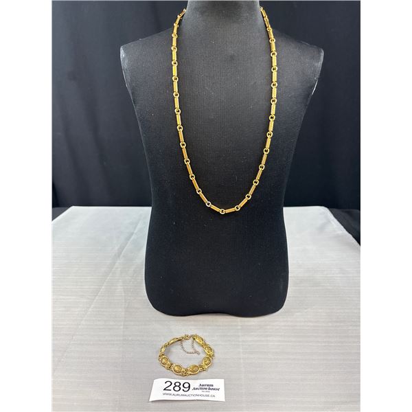 Nice Old Heavy 25" Gold Tone Chain & 7" Panel Bracelet With Safety Chain