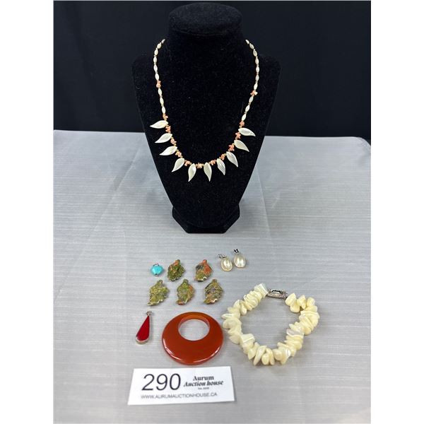 Nice Semi Precious Gemstone Lot - MOP, Coral, Unakite Leaves, Abalone & Carnelian