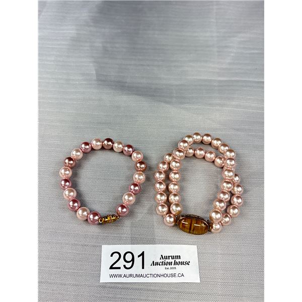 2 Faux Pearl Bracelets One Unique Vintage Tiger Eye Filigree 1" Clasp