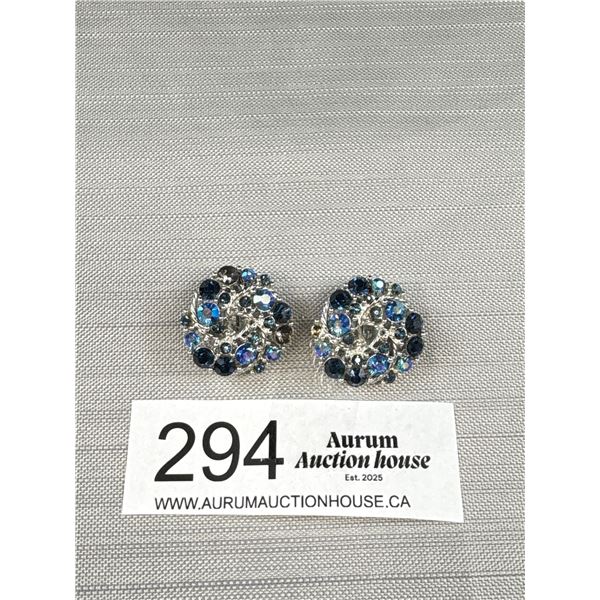 Vintage Signed Lisner Blue Arora Borealis Rhinestone Clip On Earrings - EUC