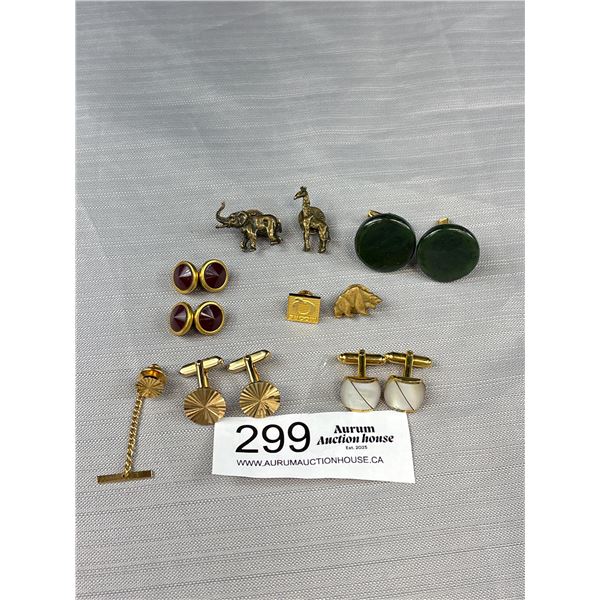 Vintage Lot Of Cuff Links (Big Round Green Ones Are Stone), Tie Pins & Brass Animal Pins