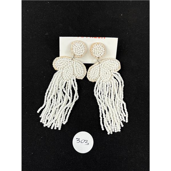 White Beaded Boho Tassel Earrings
