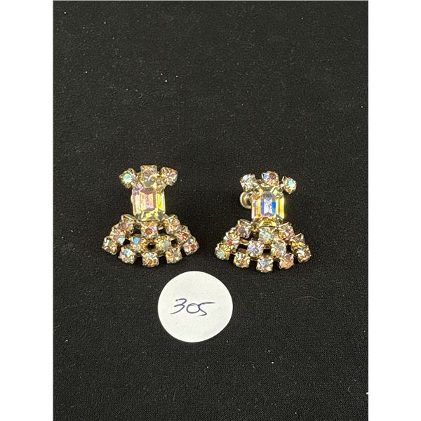 Vintage Signed Coro Arora Borealis Rhinestone Screwback Earrings