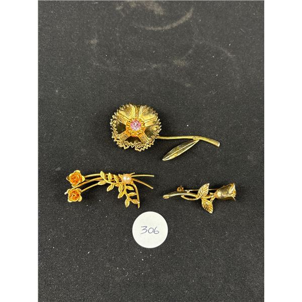 3 Vintage Flower Brooches