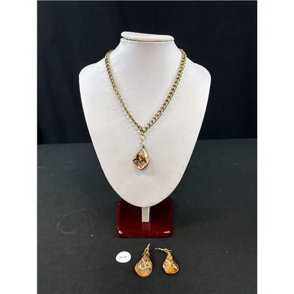 Large Iridescent Shell Earrings & Matching Pendant On 18" Chain