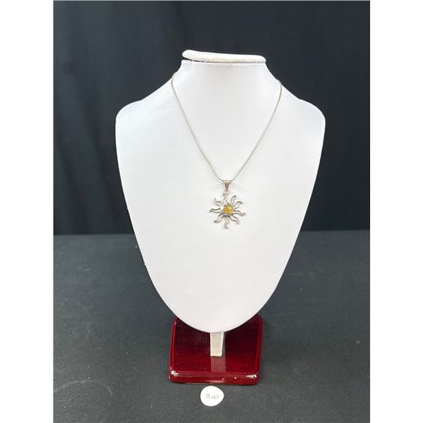 925 Sterling Silver Vintage 1.75" (With Bail) Amber Sun & Moon Pendant On 16" 925 Sterling Silver Sn