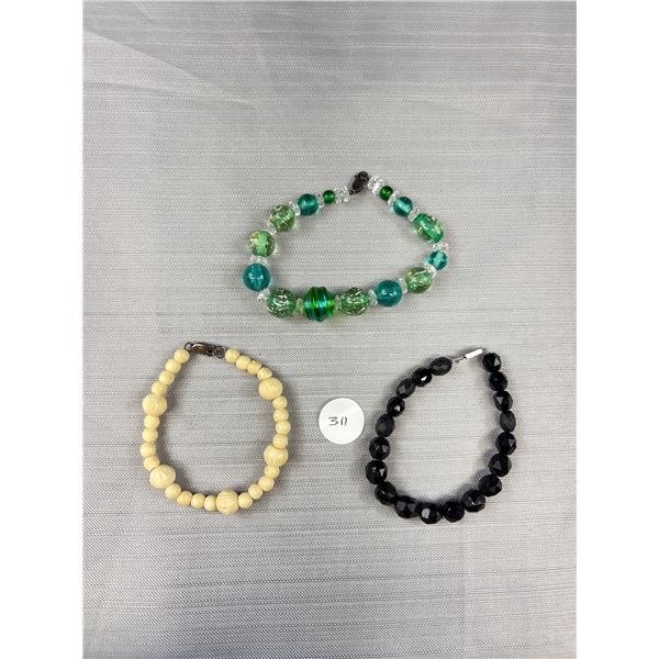 3 Bracelets All With 925 Sterling Silver Clasps - Glass, Facetted, Carved Beads - Marked & Tested
