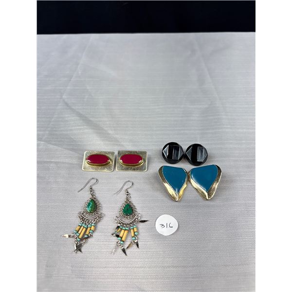 4 Pairs Of Quality Vintage Silver Tone Pierced Earrings Including Malachite