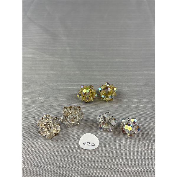 3 Pairs Of Vintage AB Crystal Cluster Clip On Earrings