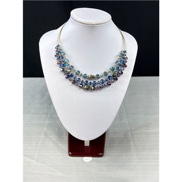 Signed Jones NY 3 Strand Adjustable Necklace Abalone & Blue  Arora Borealis Crystal Beads